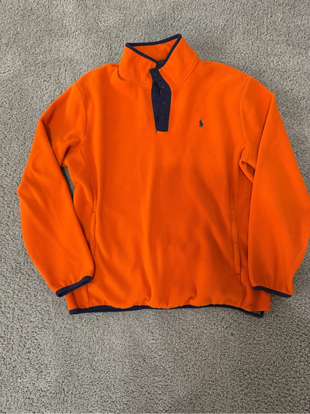 Ralph Lauren Orange Fleece Quarter-Snap Pullover with Navy Accents